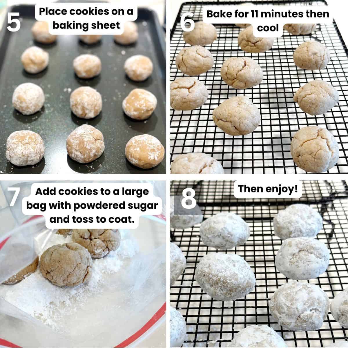 Preparing the cream cheese snowball cookies from rolling them, baking to cooling on a cooling rack.
