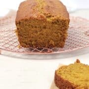 pumpkin bread sliced on the counter.