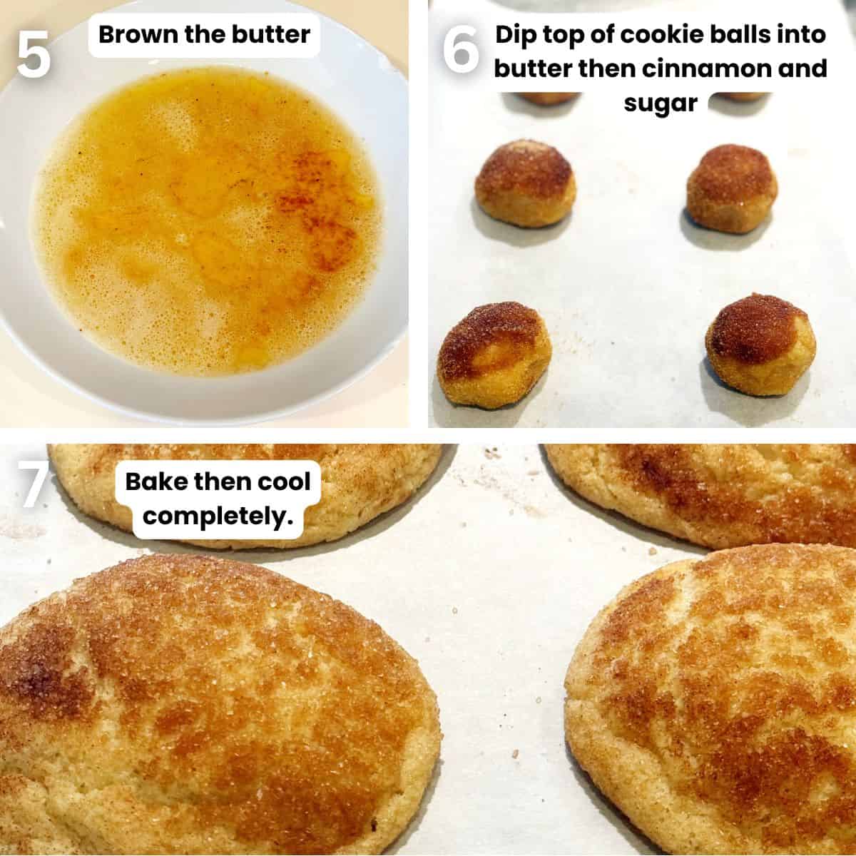 Preparing the brown butter snickerdoodle cookies from browning the butter to dipping the cookies and baking.