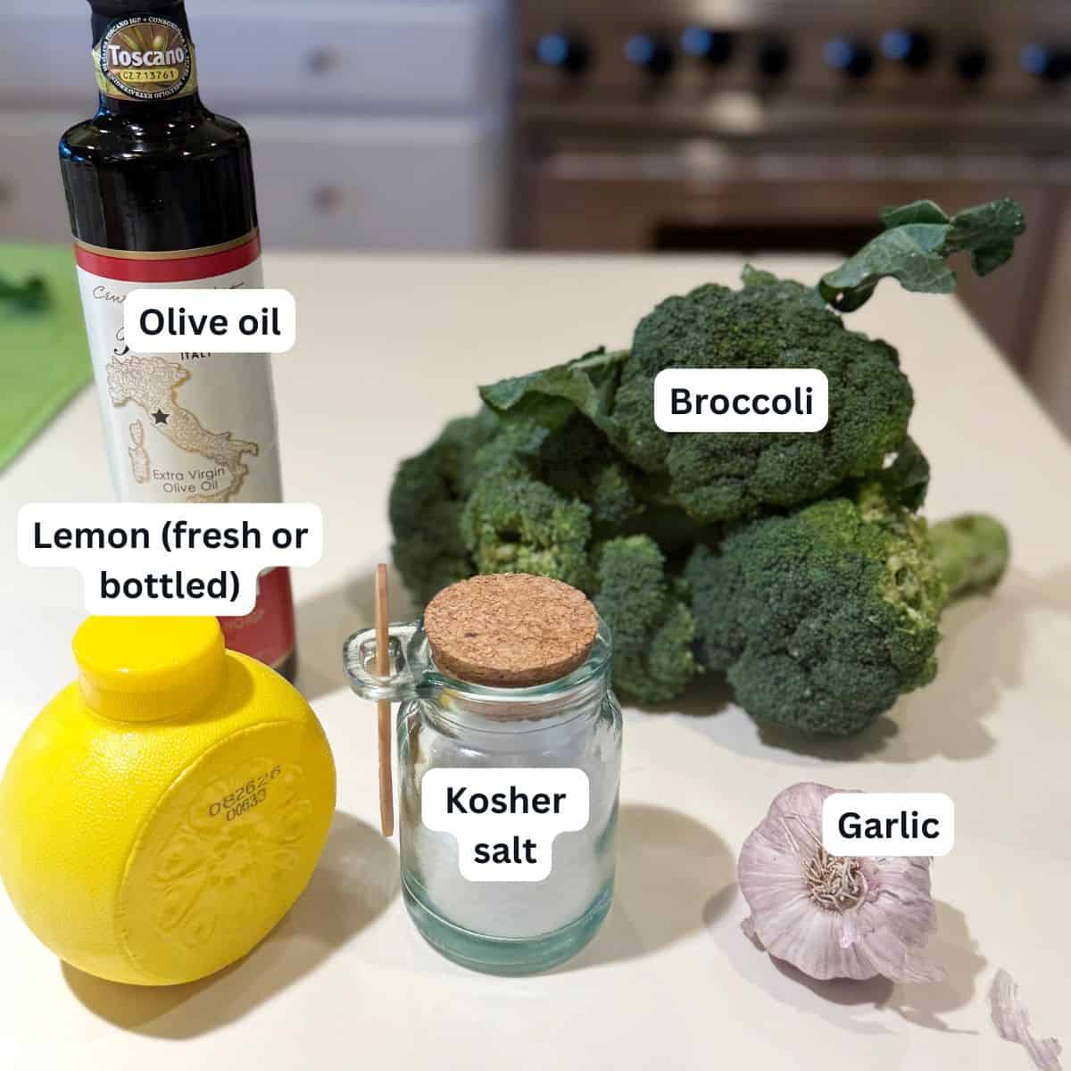 Ingredients for the charred broccoli on the counter.