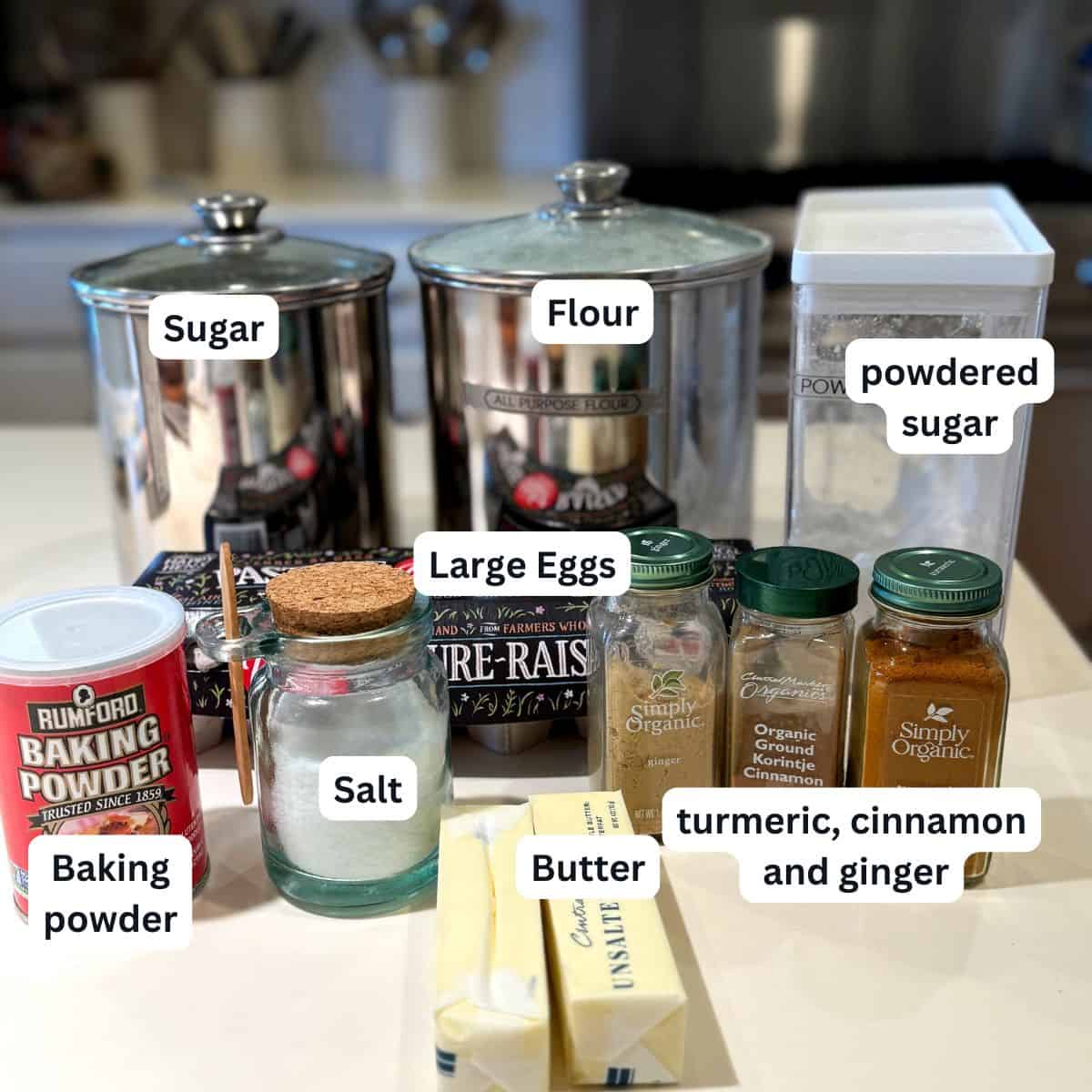 Ingredients for the eggnog flavored snowball cookies.