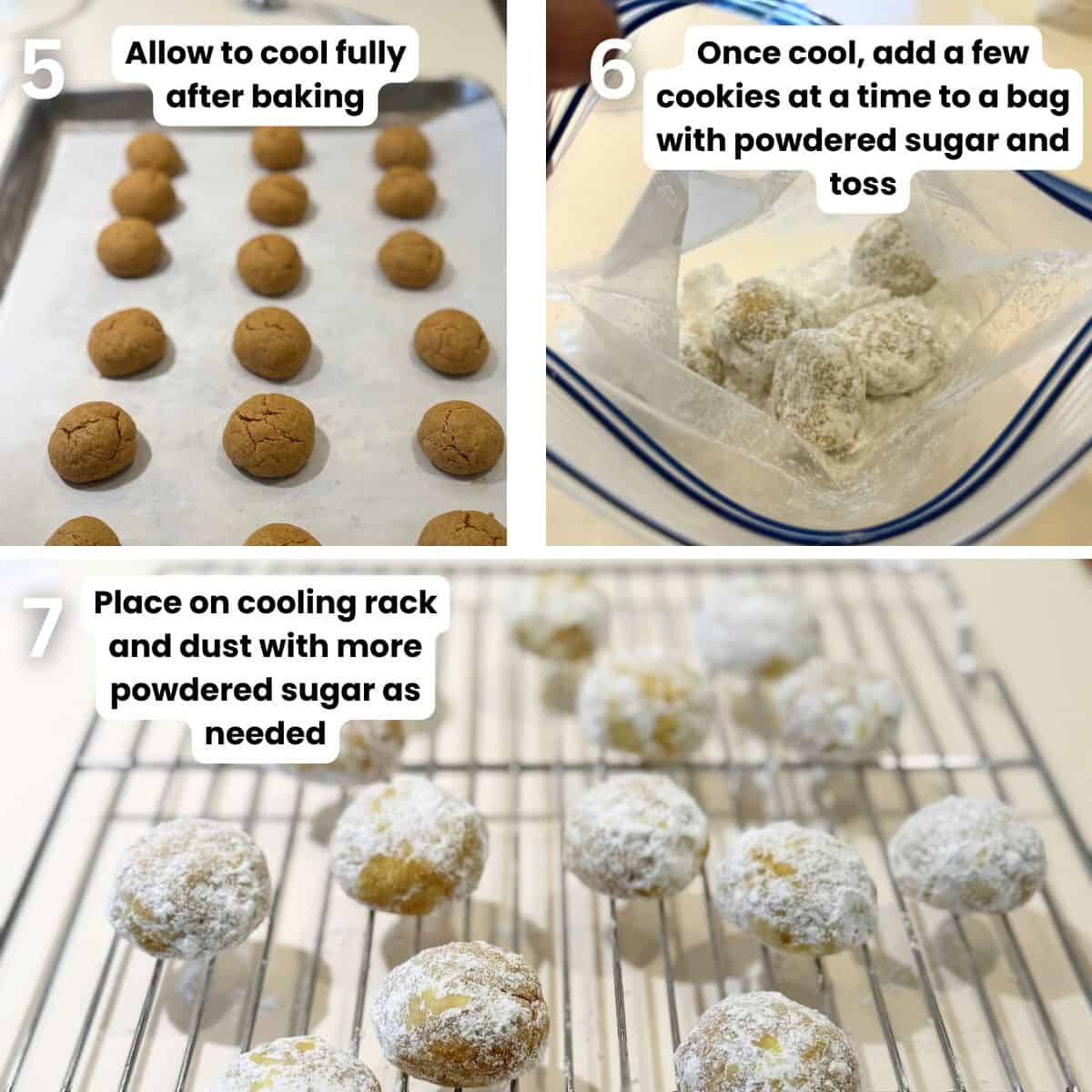 Preparing the eggnog snowball cookies from baking, cooling then dusting them with powdered sugar.
