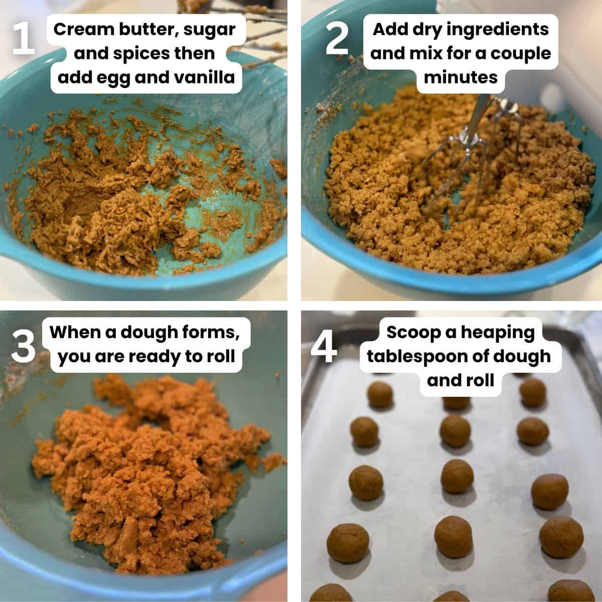 Preparing the eggnog snowball cookies from mixing ingredients to rolling them.