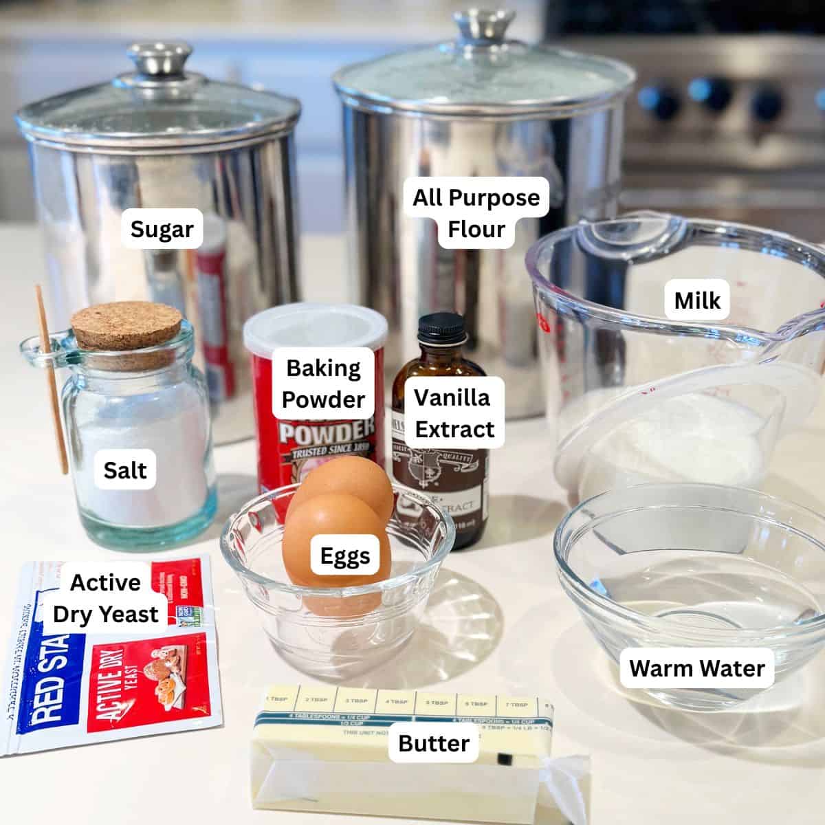 Ingredients for the waffles with yeast.